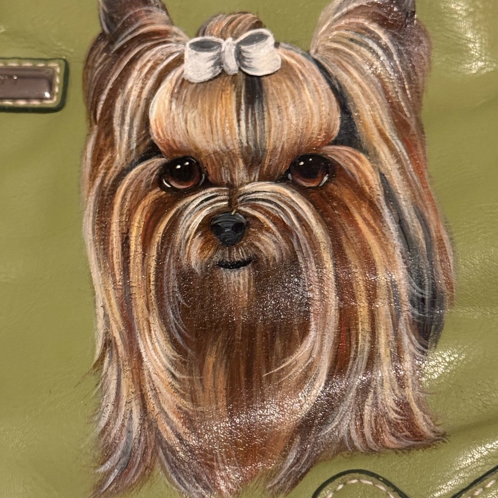 Green Leather Shoulder Bag with Hand Painted Yorkie Design